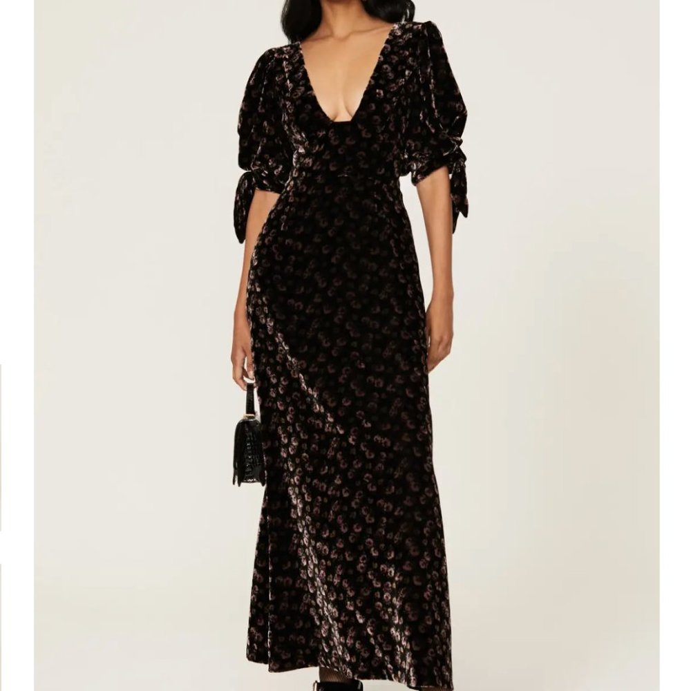 Sz 2 Womens Sea Dress Floor Length Black Floral Valerie Velvet printed velour